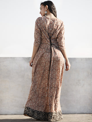 Red Ivory Black Hand Blocked Cotton Long Dress With Tie-Up Back Waist  - D162F1084
