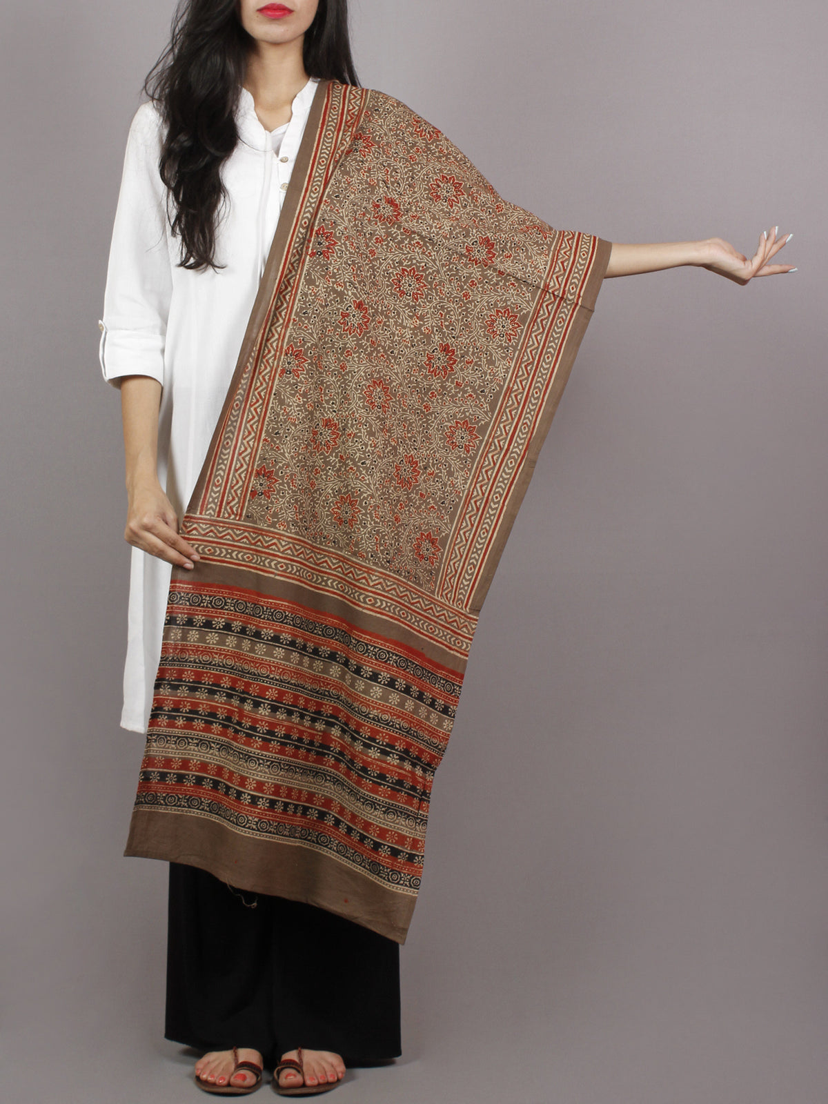 Brown Beige Maroon Black Mughal Nakashi Ajrakh Hand Block Printed Cotton Stole - S63170148