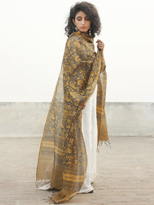 Black Mustard Yellow Chanderi Hand Black Printed & Hand Painted Dupatta - D04170246
