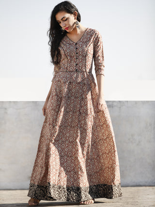 Red Ivory Black Hand Blocked Cotton Long Dress With Tie-Up Back Waist  - D162F1084
