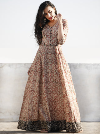 Red Ivory Black Hand Blocked Cotton Long Dress With Tie-Up Back Waist  - D162F1084
