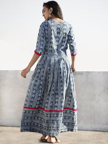 Indigo White Magenta Hand Blocked Cotton Long Dress With Thread Work  - D209F1066