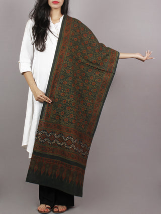 Dark Green Maroon Black Mughal Nakashi Ajrakh Hand Block Printed Cotton Stole - S63170149