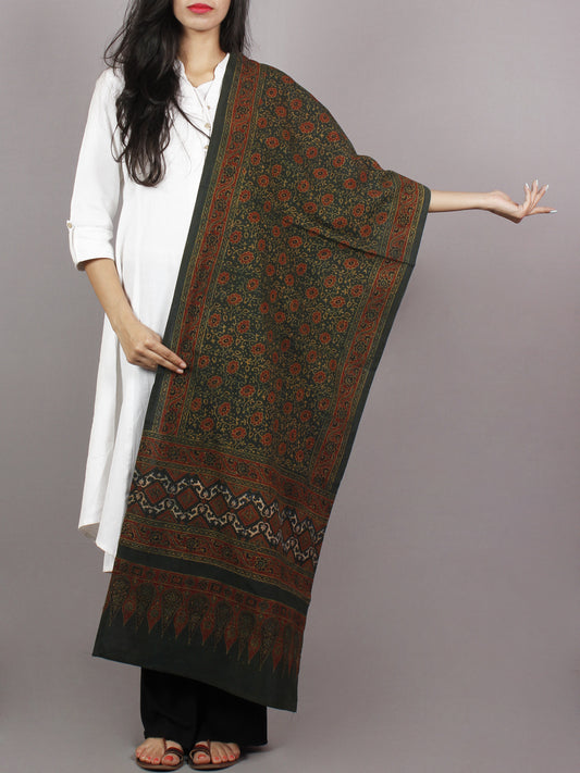 Dark Green Maroon Black Mughal Nakashi Ajrakh Hand Block Printed Cotton Stole - S63170149