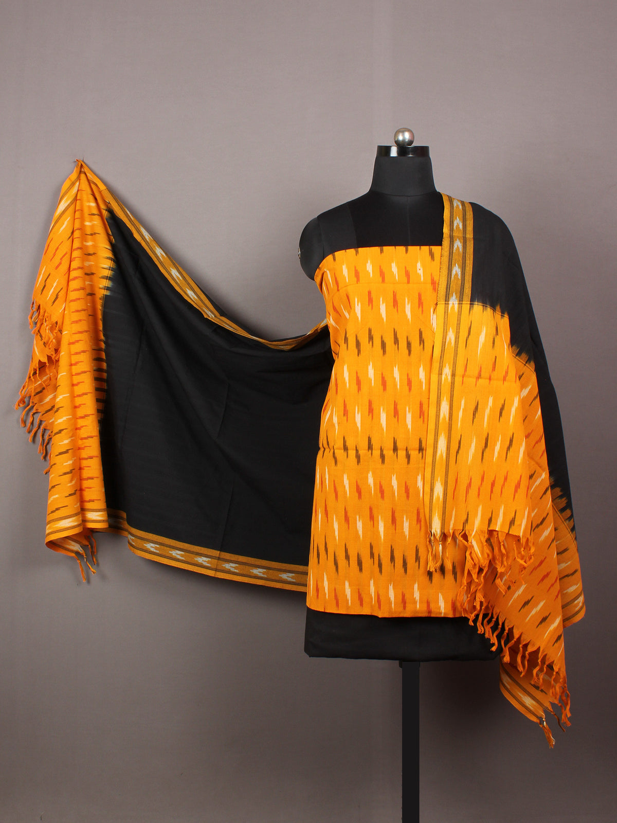 Yellow Black Red White Ikat Handwoven Cotton Suit Fabric Set of 3 - S1002041