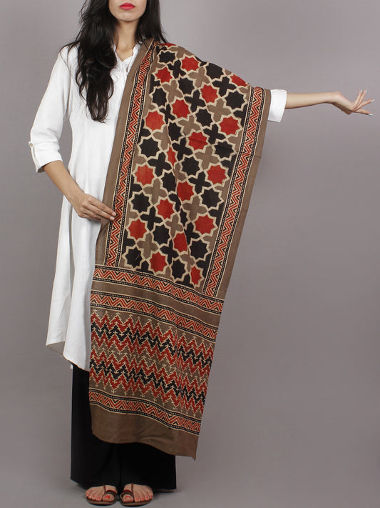 Brown Beige Maroon Black Mughal Nakashi Ajrakh Hand Block Printed Cotton Stole - S63170150