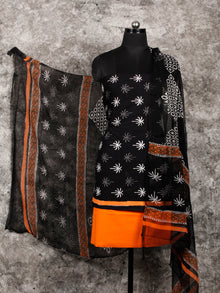 Black White Orange Hand Block Printed Cotton Suit-Salwar Fabric With Chiffon Dupatta (Set of 3) - SU01HB364
