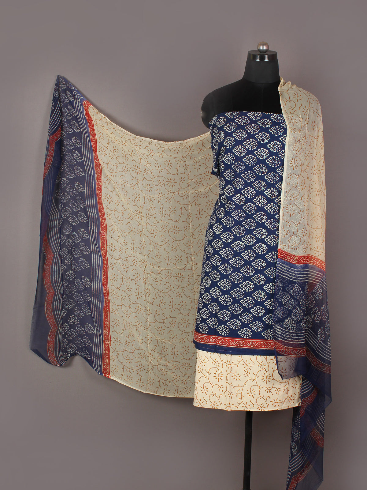 Indigo Ivory Beige Red Hand Block Printed Cotton Suit-Salwar Fabric With Chiffon Dupatta - S1628156
