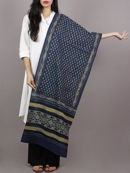 Indigo White Black Yellow Mughal Nakashi Ajrakh Hand Block Printed Cotton Stole - S63170152