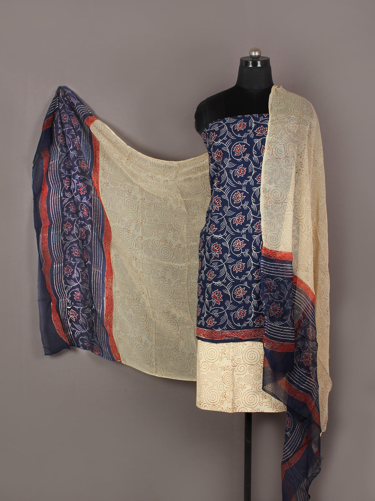 Indigo Ivory Red Beige Hand Block Printed Cotton Suit-Salwar Fabric With Chiffon Dupatta - S1628157