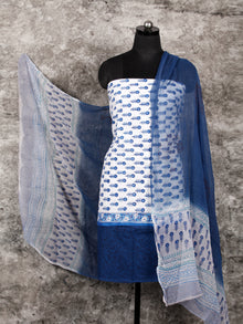 White Blue Hand Block Printed Cotton Suit-Salwar Fabric With Chiffon Dupatta (Set of 3) - SU01HB367