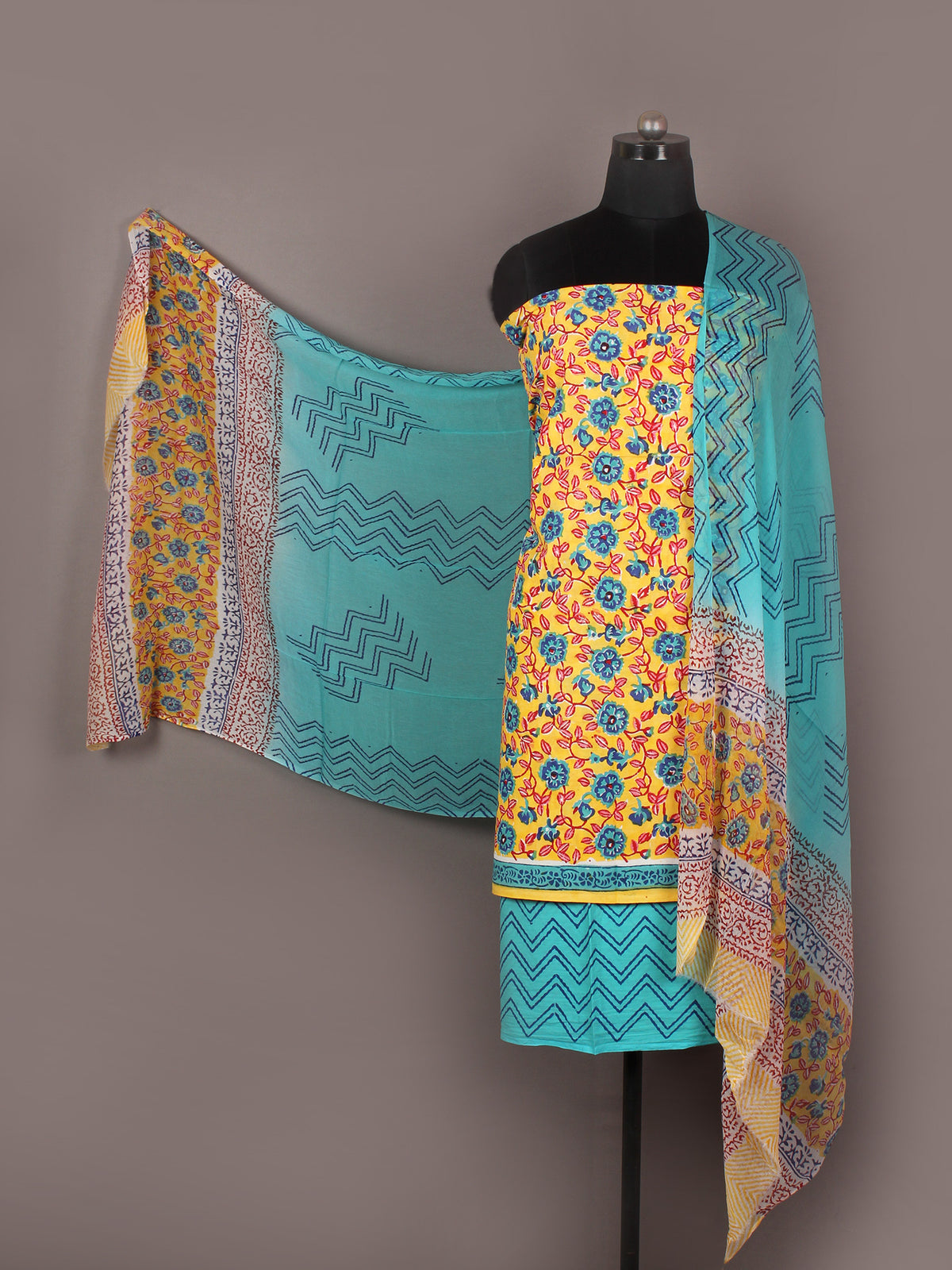 Yellow Teal Blue Red Hand Block Printed Cotton Suit-Salwar Fabric With Chiffon Dupatta - S1628158