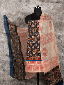 Black Beige Blue Rust Hand Block Printed Cotton Suit-Salwar Fabric With Chiffon Dupatta (Set of 3) - SU01HB368