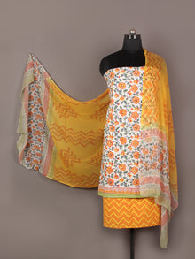 Ivory Yellow Orange Hand Block Printed Cotton Suit-Salwar Fabric With Chiffon Dupatta - S1628159