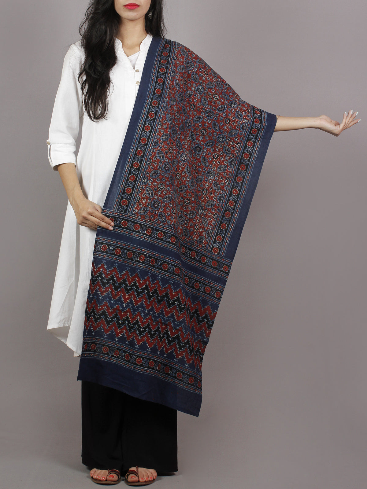 Indigo Maroon Ivory Black Mughal Nakashi Ajrakh Hand Block Printed Cotton Stole - S63170155