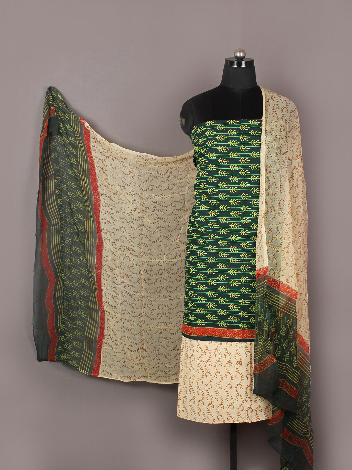 Green Yellow Beige Hand Block Printed Cotton Suit-Salwar Fabric With Chiffon Dupatta - S1628160