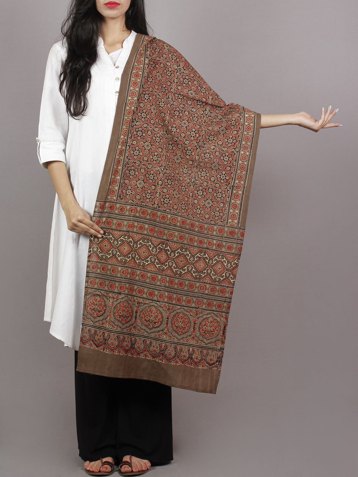Brown Beige Maroon Black Mughal Nakashi Ajrakh Hand Block Printed Cotton Stole - S63170156