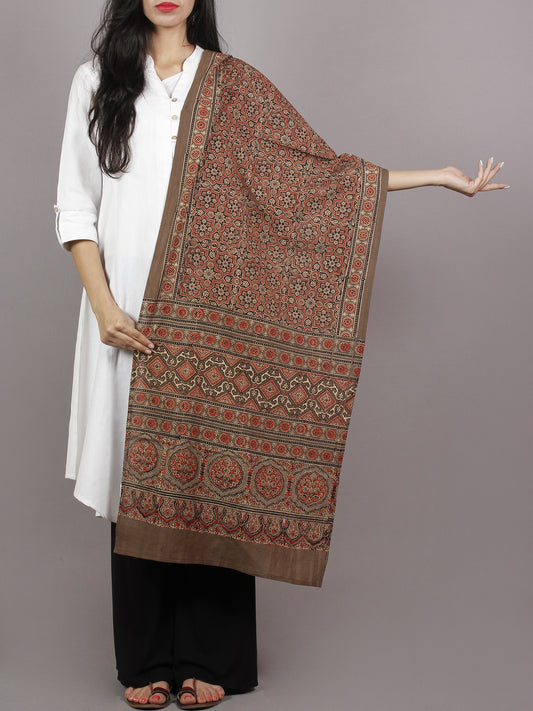 Brown Beige Maroon Black Mughal Nakashi Ajrakh Hand Block Printed Cotton Stole - S63170156