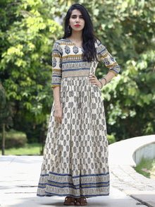 Naaz Aiyla - Ivory Indigo Mustard Black Hand Block Printed Long Cotton Angrakha Dress with Gathers & Lining- DS11F002