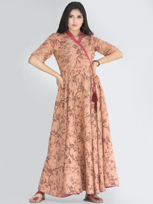 Maheen - Dark Peach Block Printed Urave Cut Long Angrakha Dress - D406F2239