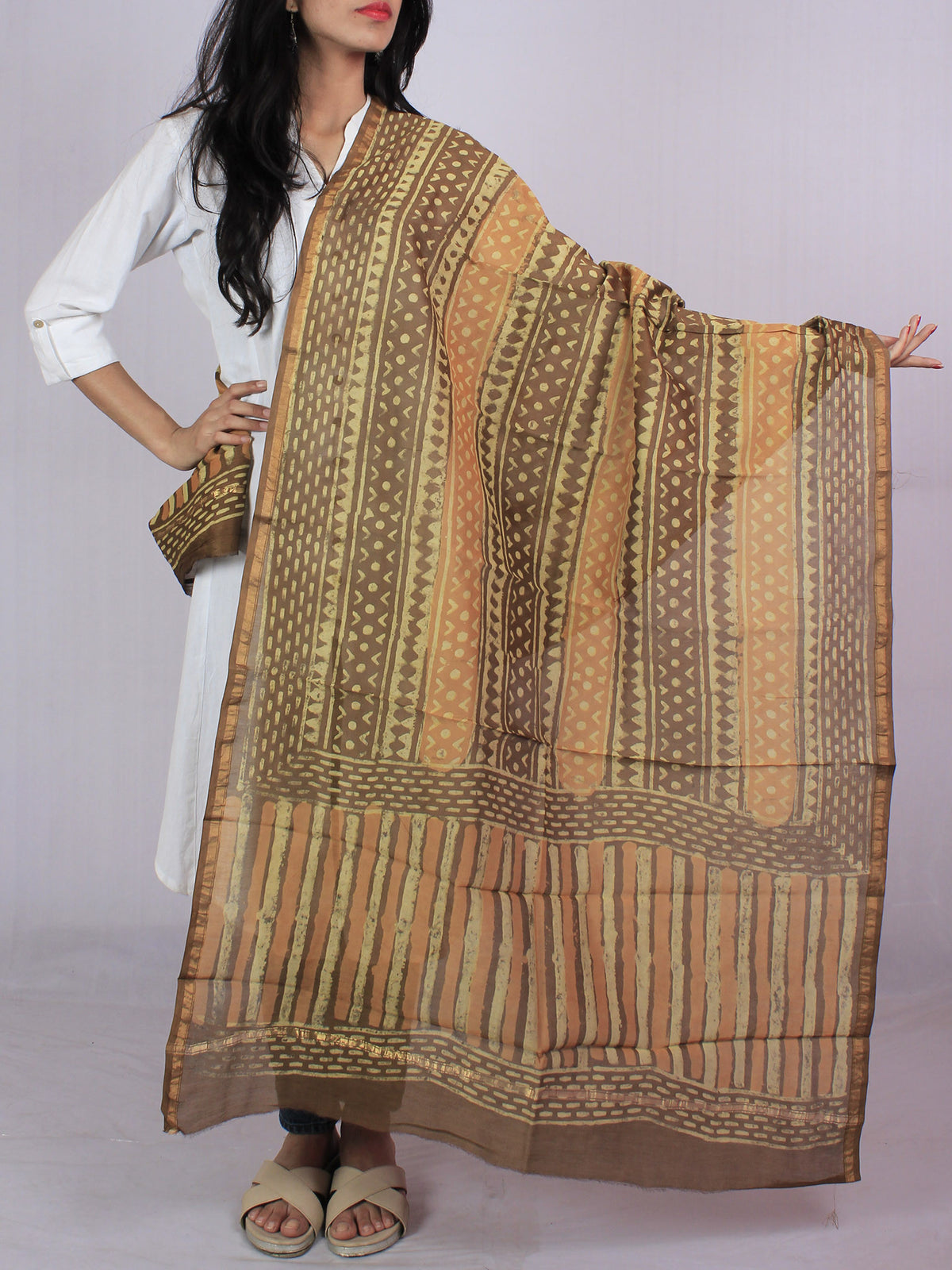 Brown Mustard Ivory Chanderi Hand Black Printed Dupatta - D04170118