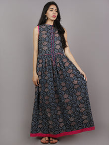 Indigo Pink Beige Ivory Long Sleeveless Ajrakh Hand Block Printed Cotton Dress With Knife Pleats & Side Pockets - D4663001