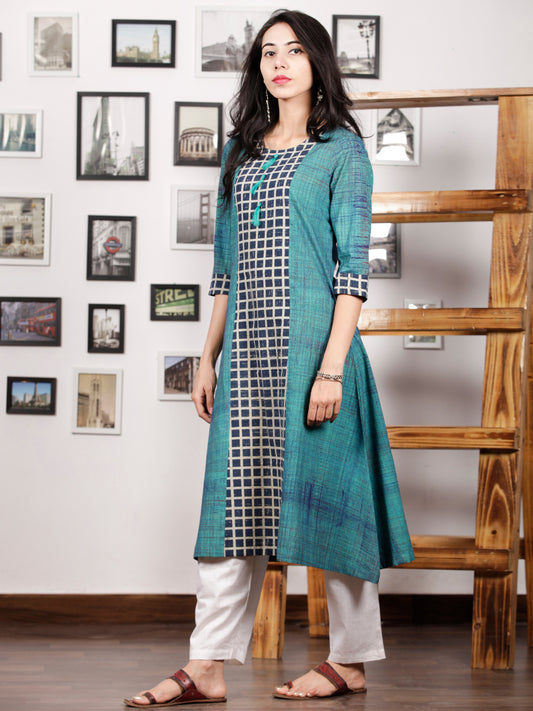 Teal Green Indigo White Hand Printed Ajrakh Kurta With Tassels - K72F1542