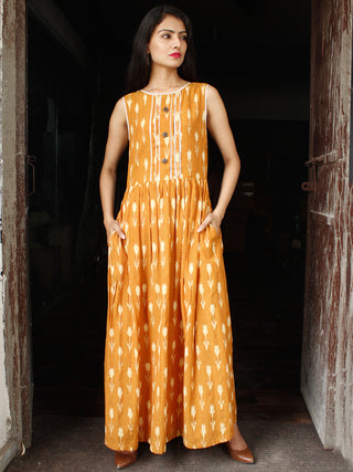 Mustard Ivory Long Handwoven Double Ikat Dress With Side Pockets - D28F1569