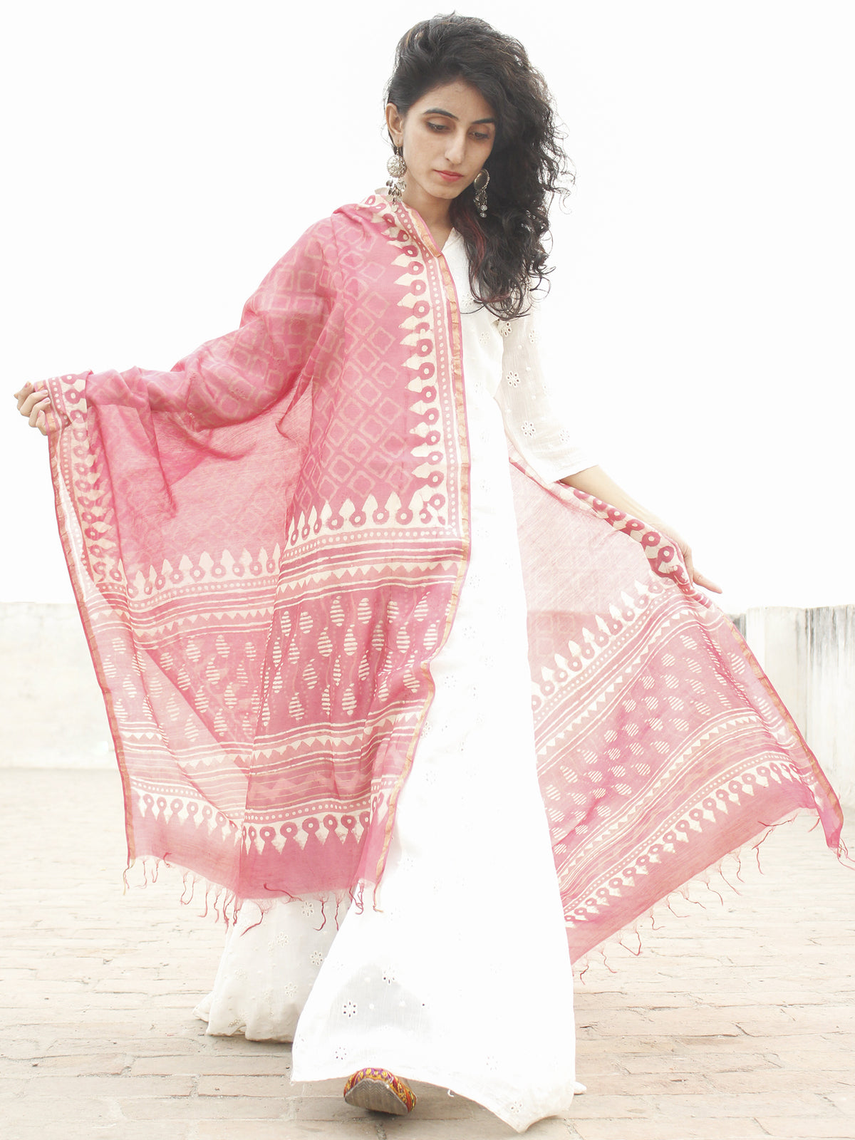 Punch Pink Ivory Chanderi Hand Black Printed & Hand Painted Dupatta - D04170214