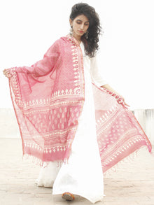 Punch Pink Ivory Chanderi Hand Black Printed & Hand Painted Dupatta - D04170214