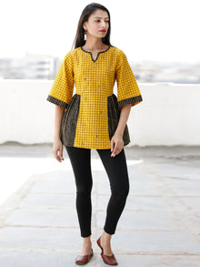 Yellow Black Beige Embroidred Hand Block Printed Cotton Top  - T63F1939
