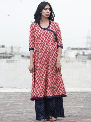 Coral Ivory Dark Indigo Hand Block Printed Angrakha Kurti With Stand Collar- K13F450