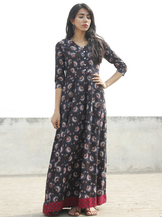 Black Maroon Ivory Indigo Hand Blocked Long Tie-Up Back Waist Dress - D162F985