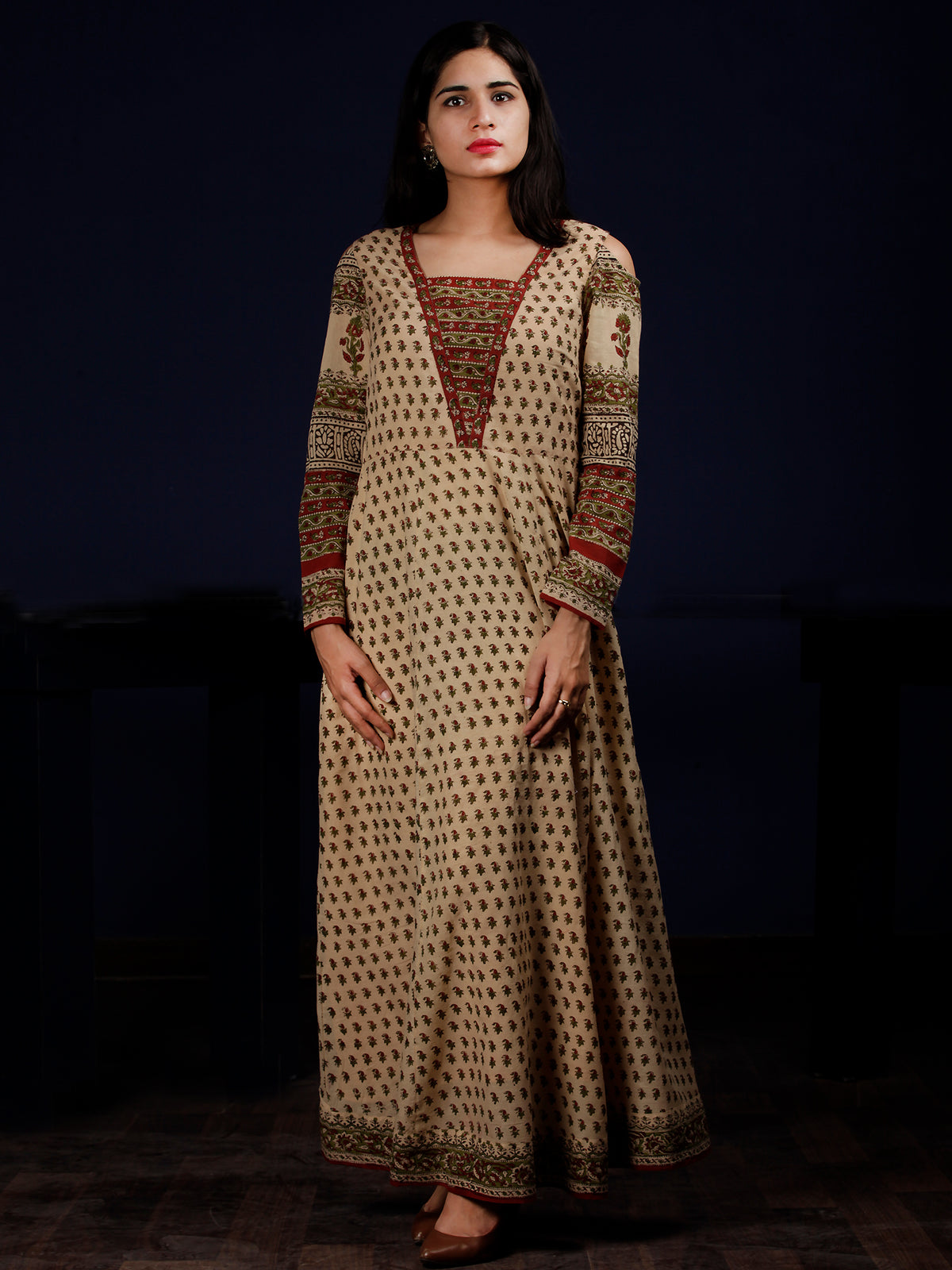 Naaz Kainaz - Beige Maroon Green Black Hand Block Printed Long Cotton Dress With Cold Shoulder Sleeves - DS62F001