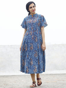 Indigo Rust Ivory Hand Block Cotton Pleated Dress With Side Pockets  - D74F769