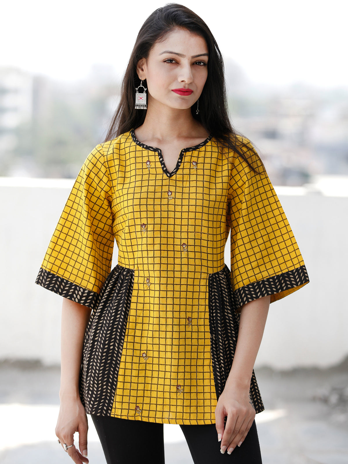 Yellow Black Beige Embroidred Hand Block Printed Cotton Top  - T63F1939