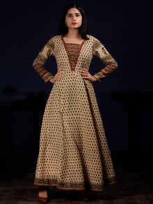 Naaz Kainaz - Beige Maroon Green Black Hand Block Printed Long Cotton Dress With Cold Shoulder Sleeves - DS62F001
