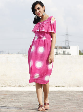 Naaz Dark Pink White Hand Tie Dye Dress With Elasticated Waist And Cold Shoulders - DS27F001