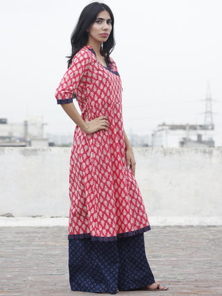 Coral Ivory Dark Indigo Hand Block Printed Angrakha Kurti With Stand Collar- K13F450
