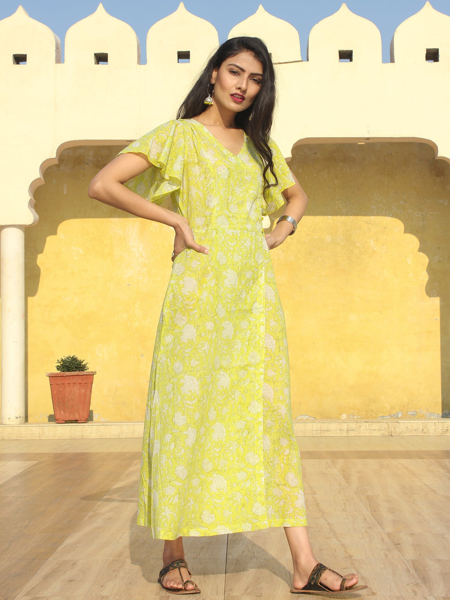 Wirda - Lemon Green Hand Block Printed Cotton Angrakha Dress With Ruff ...