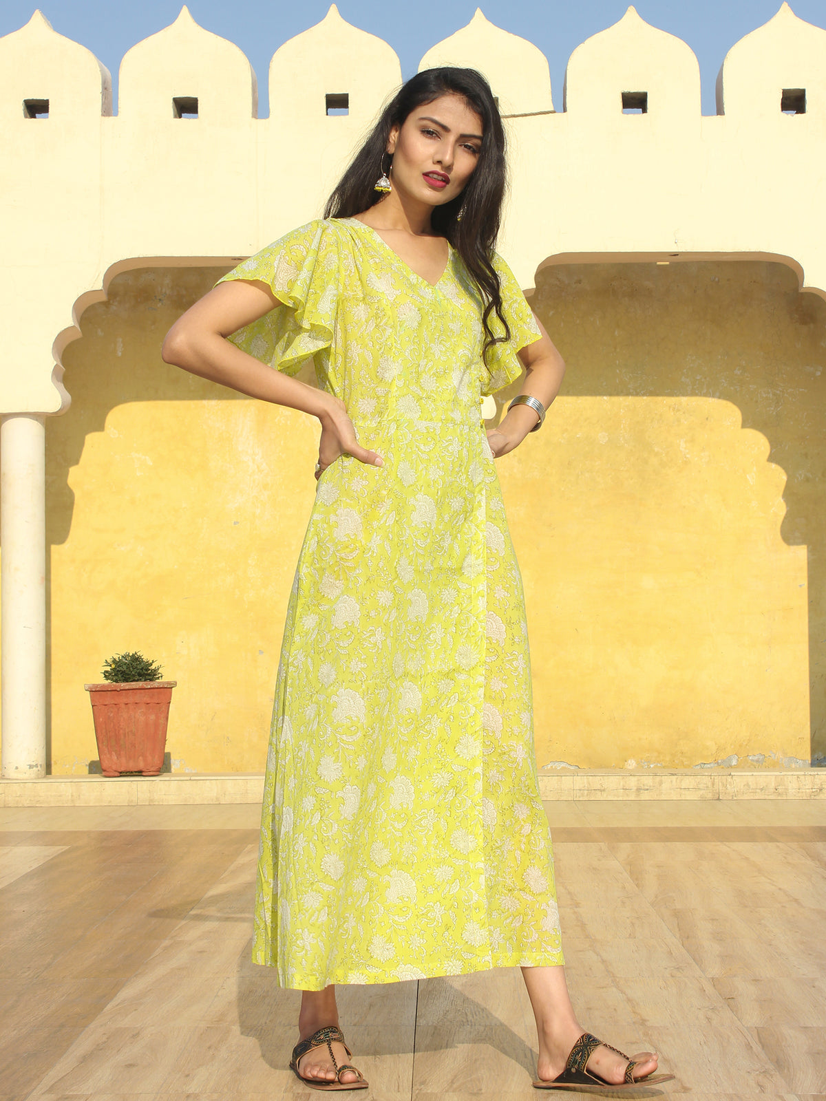 Wirda - Lemon Green Hand Block Printed Cotton Angrakha Dress With Ruffle Sleeves - D273F2127