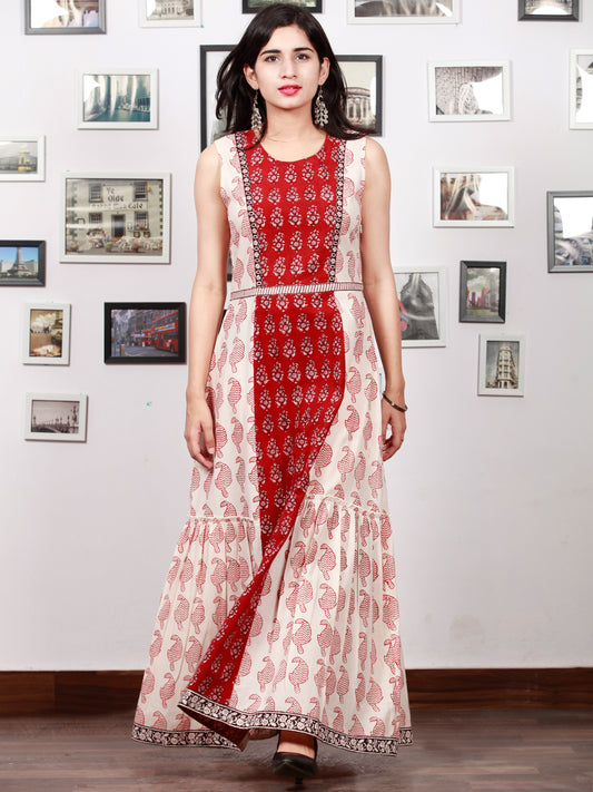 White Red Black Bagh Printed Cotton Long Sleeveless Dress With Tier - D297F1721