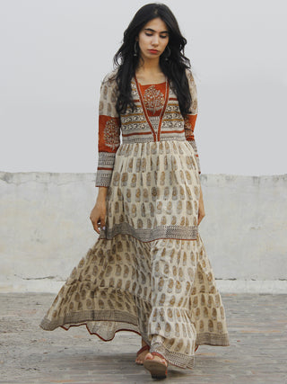 Naaz Beige Mustard Maroon Black Hand Block Printed Tier Dress  -  DS33F001