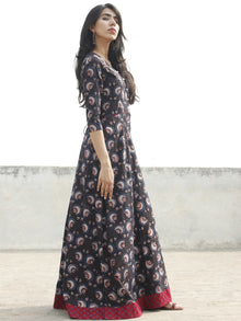 Black Maroon Ivory Indigo Hand Blocked Long Tie-Up Back Waist Dress - D162F985