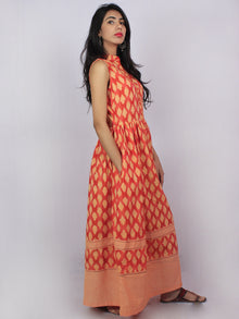 Peach Coral Beige Ikat Handwoven Long Sleeveless Cotton & Linen Dress With Pockets & Front Buttons - D3056601