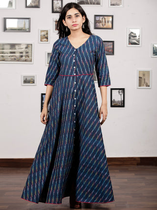 Indigo White Light Blue Long Handwoven Ikat Dress  - D314F1455