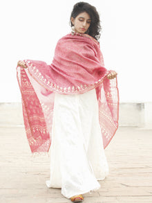 Punch Pink Ivory Chanderi Hand Black Printed & Hand Painted Dupatta - D04170214