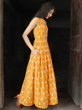 Mustard Ivory Long Handwoven Double Ikat Dress With Side Pockets - D28F1569