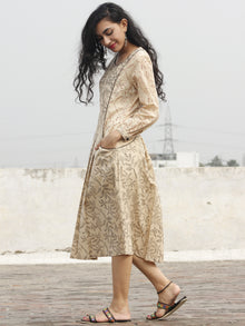 Beige Black Red Hand Block Printed Dress With Peasant Sleeve And Front Pocket - D91F241
