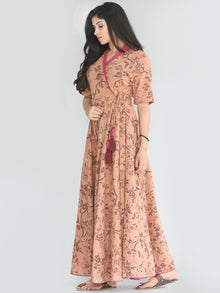 Maheen - Dark Peach Block Printed Urave Cut Long Angrakha Dress - D406F2239